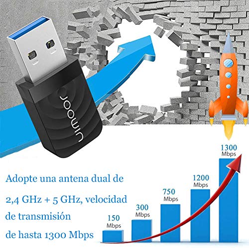 JOOWIN WiFi Adaptador USB,wifi usb 1300Mbps WiFi Antena USB 3.0 Dual Band 2.4GHz/5GHz Mini WiFi Dongle Adaptador Soporta Windows 7/8/8.1/10 / Mac OS 10.7-10.12 / Mac OSX, para PC Desktop Laptop Tablet
