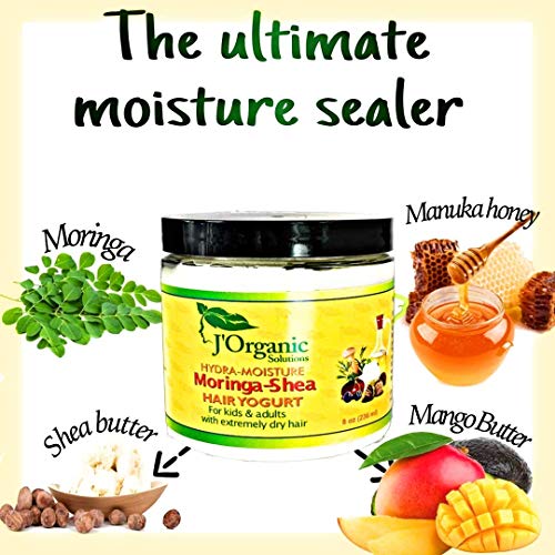 J'Organic Solutions (hecho a mano) Hidra-Moisture Day Moringa-Shea yogur para el cabello para niños y adultos con cabello extremadamente seco