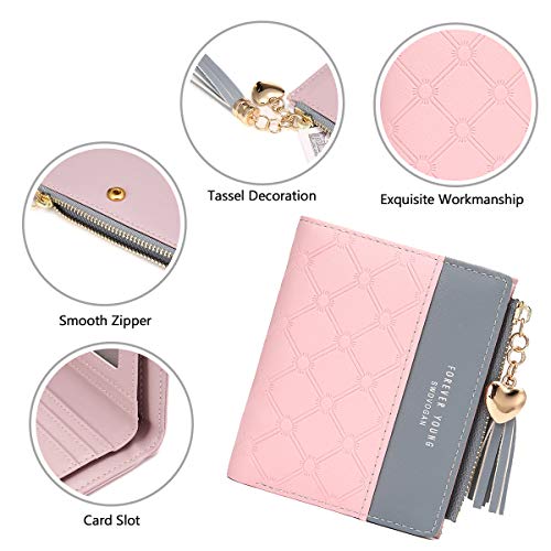 JOSEKO Cartera Mujer Pequeña, Billetera Corta de Las Señoras Titular de la Tarjeta Monedero Lindo Multi-Ranuras Bolse Cuero PU Delgado con Borlas en Forma de Corazón Colgante de Regalo Señoras Niñas