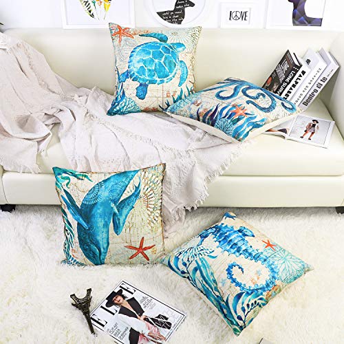 JOTOM Funda de Almohada de Lino de algodón Suave sofá Funda de cojín del Coche decoración de la Cama 45 x 45 cm, Juego de 4 (Animal Marino 2)
