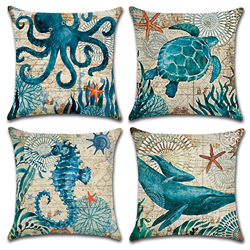 JOTOM Funda de Almohada de Lino de algodón Suave sofá Funda de cojín del Coche decoración de la Cama 45 x 45 cm, Juego de 4 (Animal Marino 2)