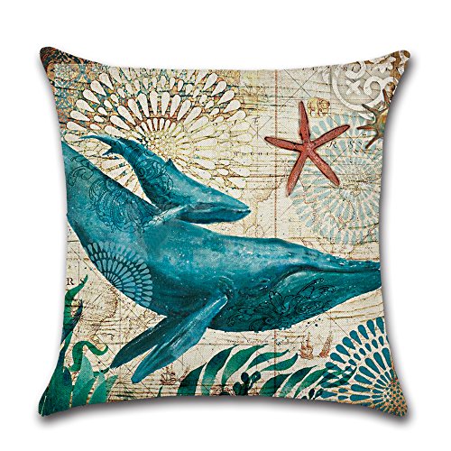 JOTOM Funda de Almohada de Lino de algodón Suave sofá Funda de cojín del Coche decoración de la Cama 45 x 45 cm, Juego de 4 (Animal Marino 2)