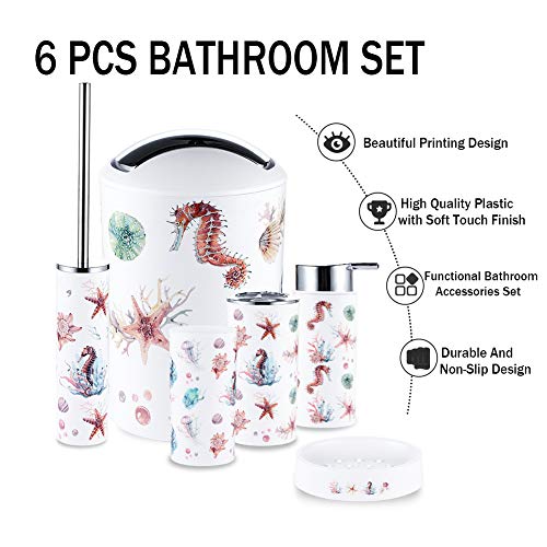 JOTOM Juego de Accesorios de Baño 6 Piezas, Cubo de Basura, Jabonera, Dispensador de jabón, Vaso, Vaso para Cepillo de Dientes y escobilla (Caballo de Mar)