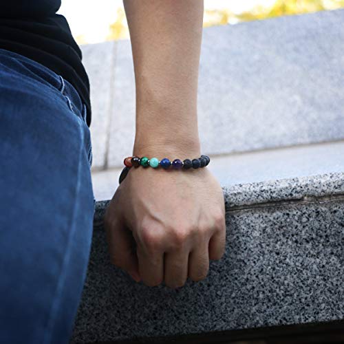 JOXFA Genuino Natural 7 Chakra Piedra Preciosa Hombres Mujeres 8mm Lava Rock Aromaterapia Aceite Esencial Difusor Pulsera Elástico Piedra Natural Cuentas de Yoga Pulsera Brazalete (Lava Chakra A)