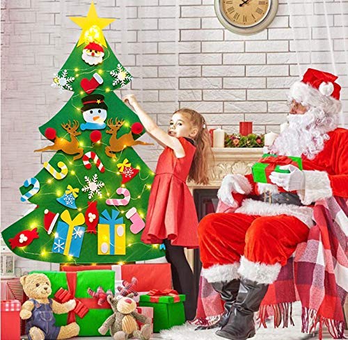 JoyCube Árbol de Navidad de Fieltro para niños, 3.11ft DIY árbol de Navidad de Pared fijó con 50 Luces LED 26 Piezas Adornos, Cuerda Colgante decoración del árbol de Navidad Desmontable【A】 95x70cm