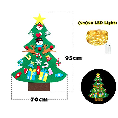 JoyCube Árbol de Navidad de Fieltro para niños, 3.11ft DIY árbol de Navidad de Pared fijó con 50 Luces LED 26 Piezas Adornos, Cuerda Colgante decoración del árbol de Navidad Desmontable【A】 95x70cm