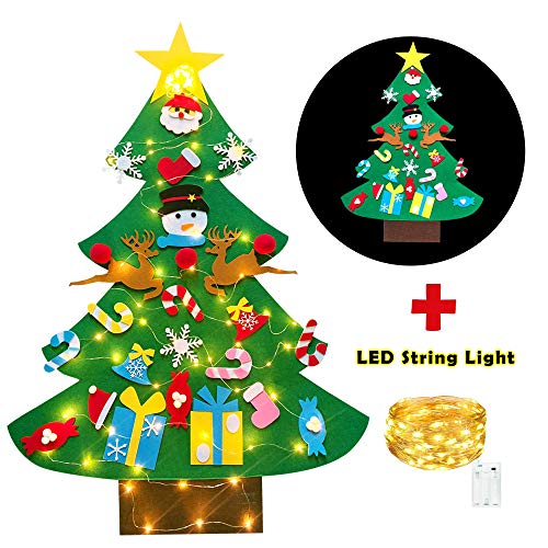 JoyCube Árbol de Navidad de Fieltro para niños, 3.11ft DIY árbol de Navidad de Pared fijó con 50 Luces LED 26 Piezas Adornos, Cuerda Colgante decoración del árbol de Navidad Desmontable【A】 95x70cm