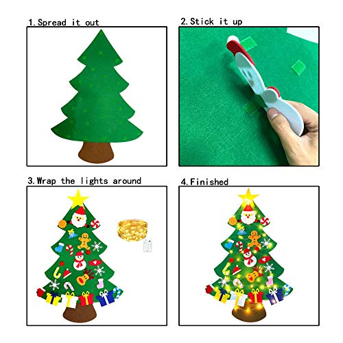 JoyCube Árbol de Navidad de Fieltro para niños, 3.11ft DIY árbol de Navidad de Pared fijó con 50 Luces LED 26 Piezas Adornos, Cuerda Colgante decoración del árbol de Navidad Desmontable【A】 95x70cm