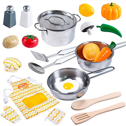 JOYIN Juguetes de Cocina Acero Inoxidable 22 Piezas Set Utensilios de Cocina Culinario Mini Cocina de Juguete Incluye Múltiples Accesorios para Niños