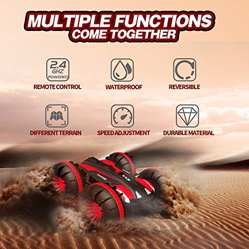 Joyjam Coche teledirigido Anfibio, Stunt Car Impermeable Anfibios con 2 Lados de conducción en Agua y Tierra Coche radiocontrol Electric Juguetes para niños Rojo