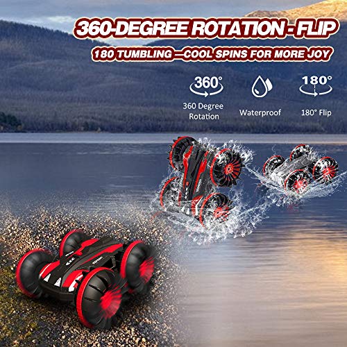 Joyjam Coche teledirigido Anfibio, Stunt Car Impermeable Anfibios con 2 Lados de conducción en Agua y Tierra Coche radiocontrol Electric Juguetes para niños Rojo
