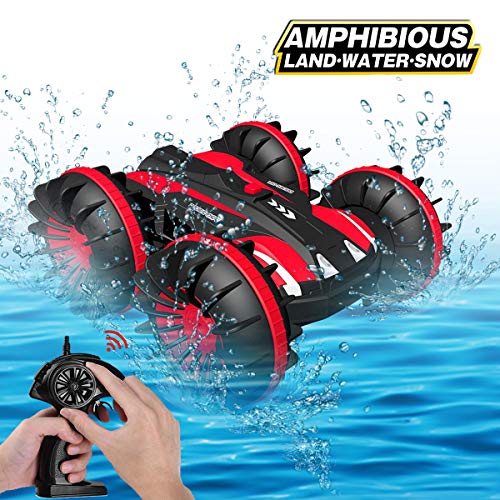 Joyjam Coche teledirigido Anfibio, Stunt Car Impermeable Anfibios con 2 Lados de conducción en Agua y Tierra Coche radiocontrol Electric Juguetes para niños Rojo