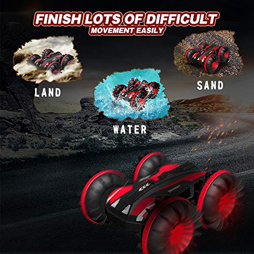 Joyjam Coche teledirigido Anfibio, Stunt Car Impermeable Anfibios con 2 Lados de conducción en Agua y Tierra Coche radiocontrol Electric Juguetes para niños Rojo
