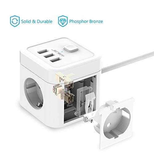JSVER Cube Enchufe USB con 3 Puertos de USB y 3 Tomas Regleta Proteccion Sobretension Enchufe Alargador Multiple Carga para Samsung iPad iPhone Tablets - Cable 1.5 m Blanco