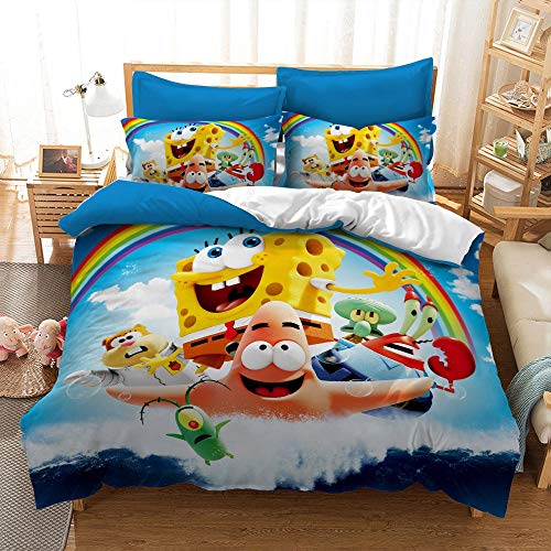 JSYJ Bob Esponja Juego de cama - Conjuntos funda nórdica y funda de almohada, 3D Digital Print 2/3-Piece Bedding, microfibra (1 funda nórdica Hojas +1/2 fundas de almohada) for Niños Adolescentes Adul