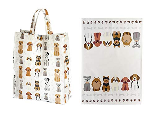 Juego de 2, a Juego Paño de Cocina y Bolsa de la Compra Reutilizable, Diseño de Perros, regalo para los Amantes de los Perro