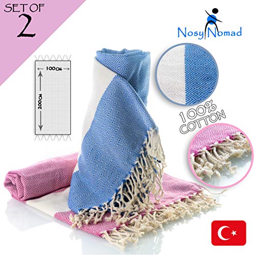 Juego de 2 toallas de hammam Turcas Pestemal 100% algodón de secado rápido, para el Baño, el Gimnasio y la Playa, 100*200cm, 435 gr. Compacta fouta para viajar, Spa, Picnic, Manta (Azul/Rosado)