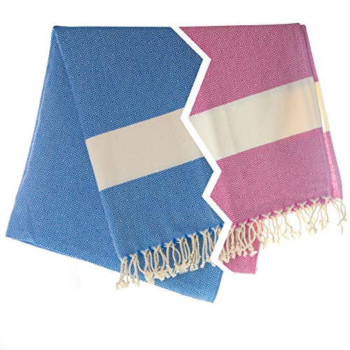 Juego de 2 toallas de hammam Turcas Pestemal 100% algodón de secado rápido, para el Baño, el Gimnasio y la Playa, 100*200cm, 435 gr. Compacta fouta para viajar, Spa, Picnic, Manta (Azul/Rosado)