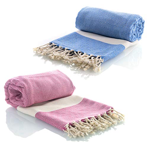Juego de 2 toallas de hammam Turcas Pestemal 100% algodón de secado rápido, para el Baño, el Gimnasio y la Playa, 100*200cm, 435 gr. Compacta fouta para viajar, Spa, Picnic, Manta (Azul/Rosado)