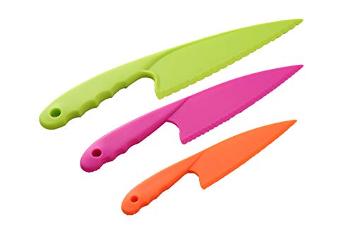 Juego de 3 Cuchillos de Plástico para Cocina en 3 Colores para Niños, Cuchillos de Cocina de Nailon para Niños, para Lechuga, Ensaladas y Tartas.