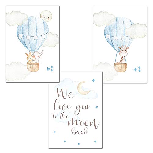 Juego de 3 Laminas 30x40 Animales Jirafa Elefante Conejo Globo Azul Citas Cuadros Inspiradoras Habitacion Bebe Infantiles Niño Pósteres Impresión en Lienzo Decoración Regalo DIN A3 Sin Marco