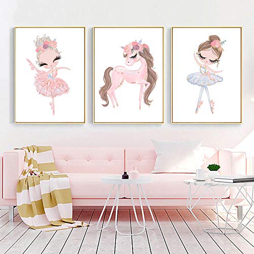 Juego de 3 Láminas Niñas Cuadros 30x40 Decoracion Infantiles Bebe Rosa Unicornio Lienzo Pósteres Pared Decoración Habitación Dormitorio Nordico Regalo DIN A3 Sin Marco BDR