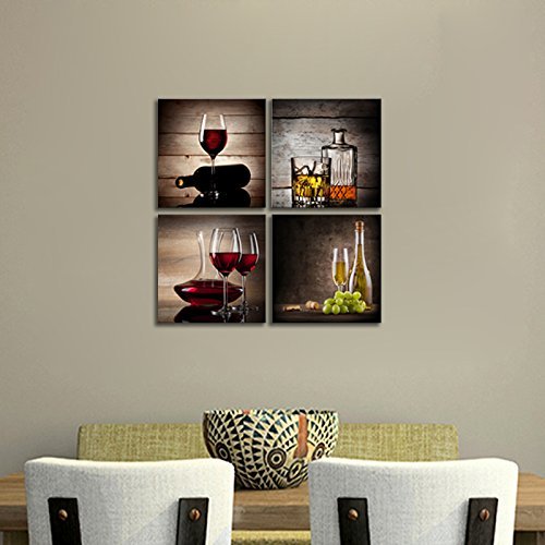 Juego de 4 cuadros de Wieco Art, HD, estirados y enmarcados, con diseño de copas de vino tinto, arte contemporáneo y vintage, cuadro Giclee sobre lienzo para decoración de cocinas