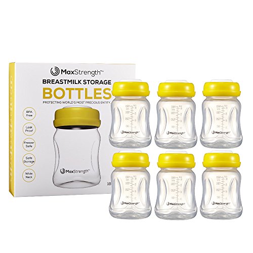 Juego de 6 botellas de leche materna con tapas a prueba de fugas por Max Strength Pro, 180 ml, botellas reutilizables de cuello ancho para la colección de leche materna y de almacenamiento, sin BPA
