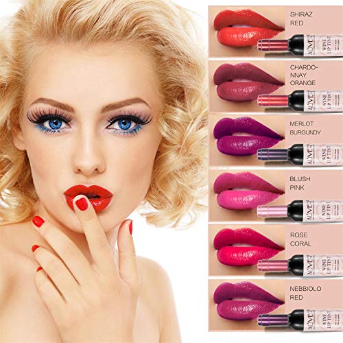 Juego de 6 botellas de vino brillo de labios Tint resistente al agua Lippenstift tono, duradero beso de prueba, no Stick Taza brillo Pintalabios