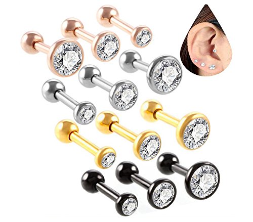 Juego de 6 pendientes de tuerca de acero inoxidable con 3 tamaños diferentes para mujer y niña, diseño circular con circonita cúbica y cierre de bola, para hélix, tragus o cartílago Free plata