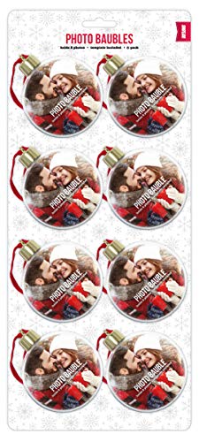 Juego de 8 bolas de árbol de Navidad Shot2go para insertar fotoCada una tiene espacio para 2 fotos de 65 mm. Utiliza la plantilla que se incluye para recortar tus fotos.-