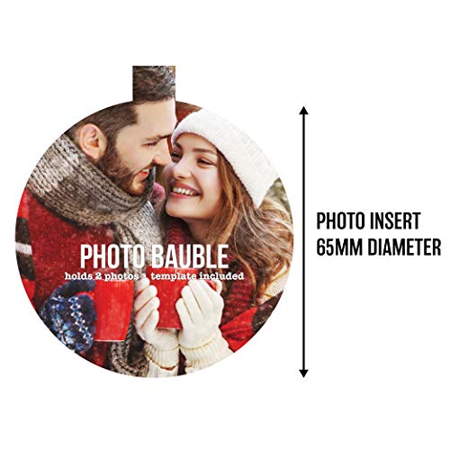 Juego de 8 bolas de árbol de Navidad Shot2go para insertar fotoCada una tiene espacio para 2 fotos de 65 mm. Utiliza la plantilla que se incluye para recortar tus fotos.-
