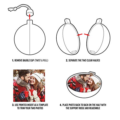 Juego de 8 bolas de árbol de Navidad Shot2go para insertar fotoCada una tiene espacio para 2 fotos de 65 mm. Utiliza la plantilla que se incluye para recortar tus fotos.-