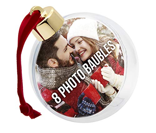 Juego de 8 bolas de árbol de Navidad Shot2go para insertar fotoCada una tiene espacio para 2 fotos de 65 mm. Utiliza la plantilla que se incluye para recortar tus fotos.-