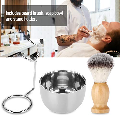 Juego de afeitado de barba para hombres, tazón de jabón profesional de acero inoxidable + soporte para bastidor de afeitado + brocha de afeitar para cabello Herramienta de afeitado