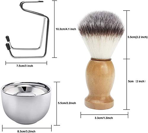 Juego de brochas de afeitar para Barba, kit de afeitar 3 en 1 para hombres - brocha de afeitar para el cabello con mango de madera, tazón de jabón de acero inoxidable y soporte para afeitar