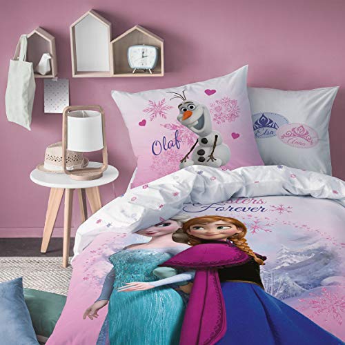 Juego de cama reversible de Disney Frozen 135 x 200 cm + 80 x 80 cm, 100% algodón, 2 Pink Mountain Elsa Anna y Olaf Frozen