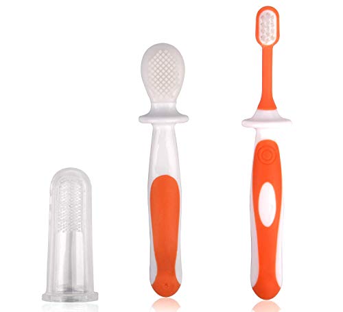 Juego de cepillos de dientes para bebés, de 0 a 2 años, 3 cepillos de dientes para bebé, con cepillo de dedo y cepillo masticable para la dentición del bebé
