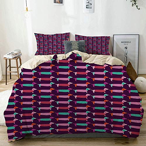 Juego de funda nórdica beige, paleta de colores inspirada en los años sesenta con patrón abstracto de cachorros de mascotas Funky Animals, juego de cama decorativo de 3 piezas con 2 fundas de almohada