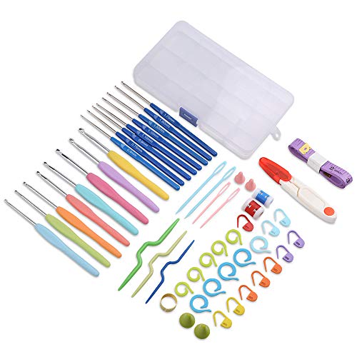 Juego de ganchillos de crochet 53 Pzs Ergonómicos Agujas de Ganchillo Incluyendo los ganchos de tejer, las tijeras,las agujas y más Perfecto Accesorios de Tejido y Estuche Ganchillo de Transporte