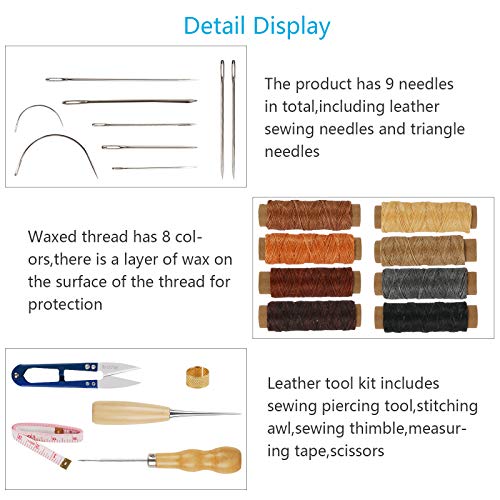 Juego de Herramientas de Costura de Cuero CHIFOOM 22pcs Hilo Artesanal de Cuero para DIY Craft de Costura Encerado Carrete Tijeras Cinta Aguja Zapatos de Cuero Abrigo de Piel Sofá de Cuero