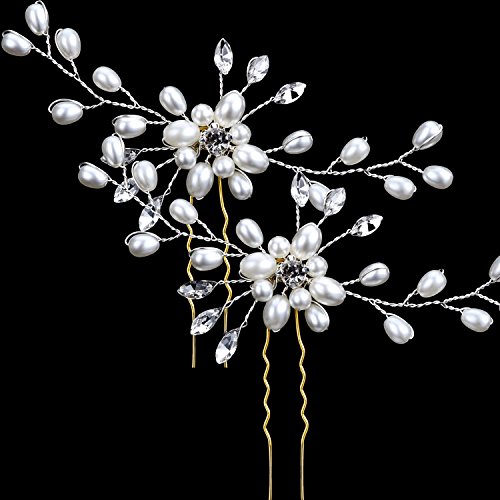 Juego de Horquillas de Pelo Nupcial de 4 Piezas Plateadas Pinza de Pelo de Hoja de Boda y Clip de Pelo de Diamantes Perlas Joyería de Novia de Boda para Mujeres y Chicas