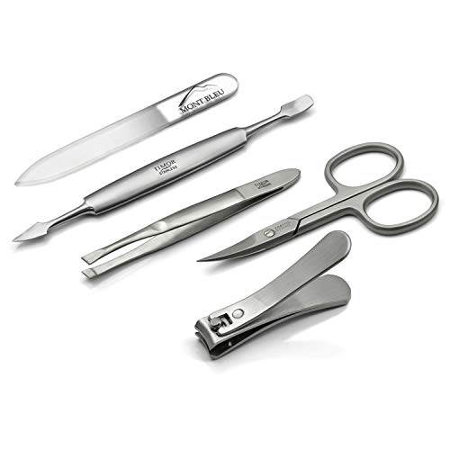 Juego de manicura de 5 piezas de Giesen & Forsthoff, con lima de uñas de cristal, en estuche de cuero | Juego de manicura de primerísima calidad