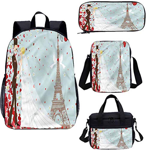 Juego de mochila para adolescentes de 17 pulgadas, juego de mochila para parejas francesas y corazones, para trabajo, escuela, viajes, picnic