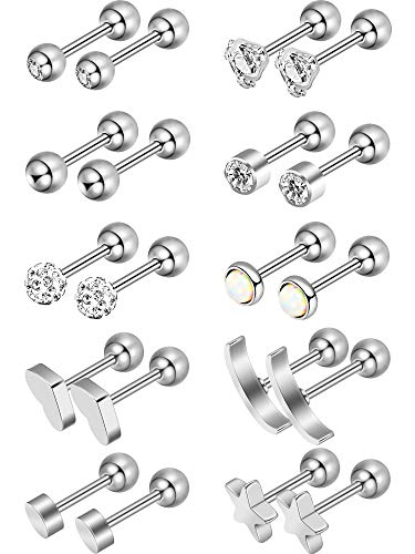 Juego de Pendientes de Barra con Pesas de Acero Inoxidable Aretes de Perno de Bola Piercing de Cartílago Hélice Trago (Color Plateado 2)