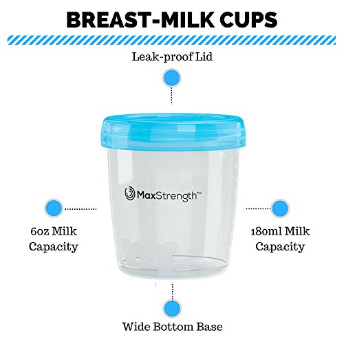 Juego de recipientes de almacenamiento para leche materna con tapas a prueba de fugas por Max Strength Pro, 180 ml, tazas de leche de mama reutiliz (12pc)