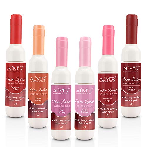 Juego de regalo de brillo de labios (paquete de 6), diseño de botella de vino, hidratante de larga duración, resistente al agua, taza antiadherente, a prueba de besos, tinte de labios rojo