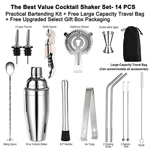 Juego para Cócteles–710 ml Martini Shaker con set de cócteles accesorios–15 Piezas de Herramientas Profesionales de Acero Inoxidable de Barra–Mejor Regalo para Principiantes en Casa y Barman Kits