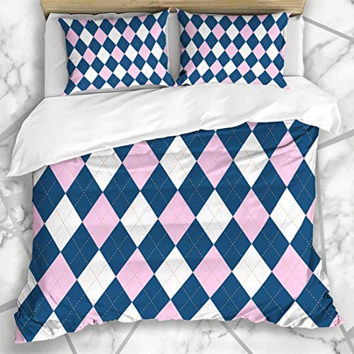 Juegos de fundas nórdicas Border Blue Argyle Plaid Pattern Palette Pink Jersey Golf Brown Baby Check A cuadros Ropa de cama de microfibra con 2 fundas de almohada Fácil cuidado Antialérgico Suave Suav