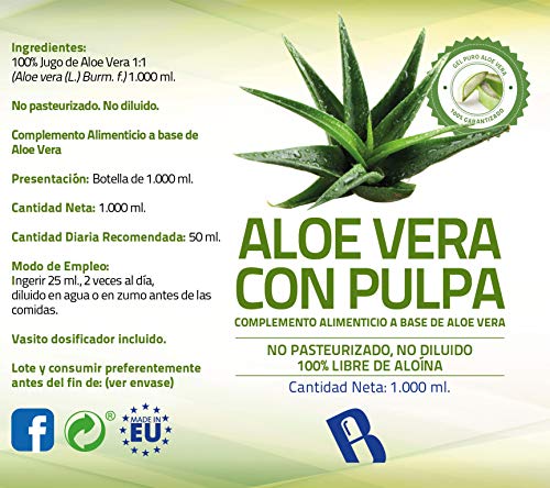 Jugo Aloe Vera Puro | Producto Concentrado a base de Jugo de Aloe Vera Con Pulpa - Suplemento Para Regular el Transito Intestinal -Litro